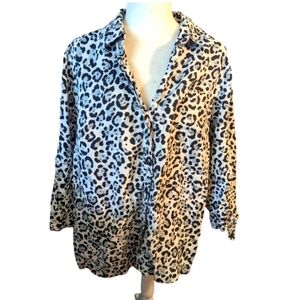 Designer plus size 100% linen leopard print button front flowy tunic top sz 1x